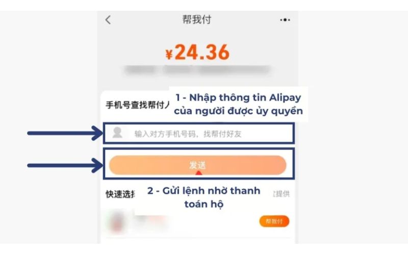 Gửi yêu cầu thanh toán hộ qua Alipay